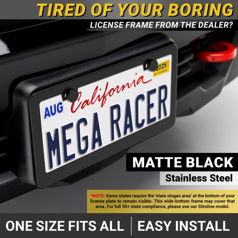 Mega Racer Premium Matte Black License Plate Frames â€“ 2 Pack, Rust-Free Stainless Steel, Rattle-Free, Universal with Screw Caps, Slim-Top Design, Thin Rigid Metal Front & Rear Car Tag Holders - for Men & Women - Image 2